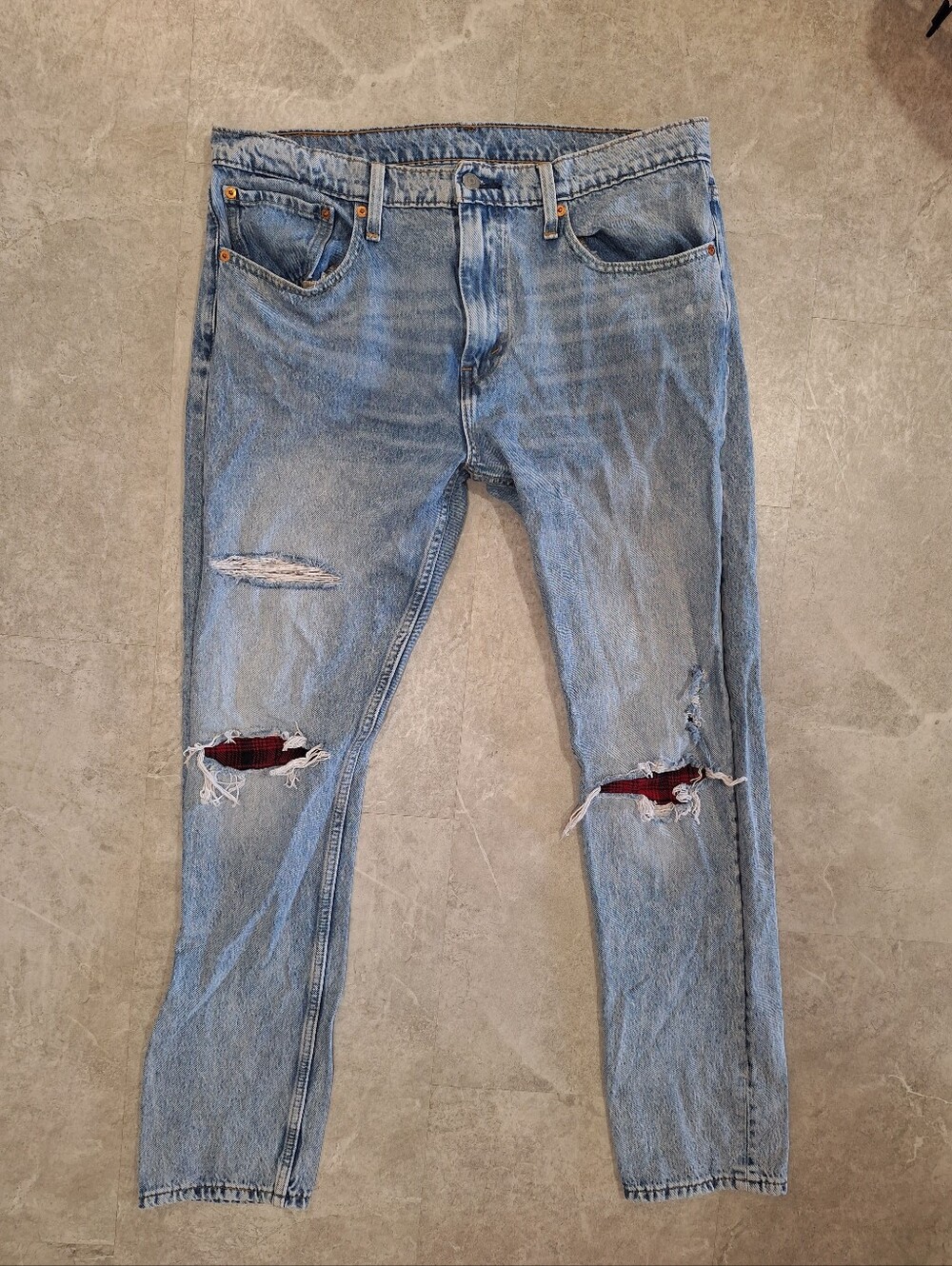 Levi's 512 Light Blue Slim Straight Jeans with Red Patch Distress 36x32